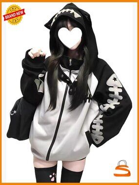 Kawaii Cat Ear Zip Up Hoodie with Detachable Hood Harajuku Sweatshirt Fishbone